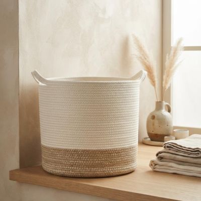 سلة تنظيم مرتفعة/عميقة منسوجة بلونين (قطن وخيش) مع مقابض جانبية.  & : Tall Two-Tone Woven Cotton & Jute Storage Basket with Handles.