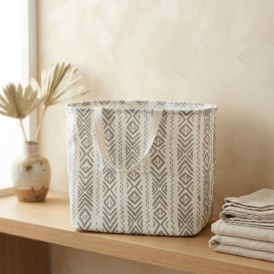 سلة تنظيم قماشية مستطيلة بنقوش هندسية بوهيمية ومقابض حمل.  & : Rectangular Fabric Storage Basket with Geometric Tribal Print & Handles.