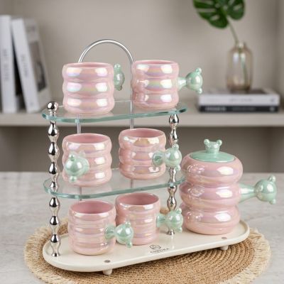 طقم 6مجات بالبراد على حامل من البورسلين والزجاج الاندلس Set of 6 mugs with a teapot on a stand, made of Andalusian porcelain and glass 