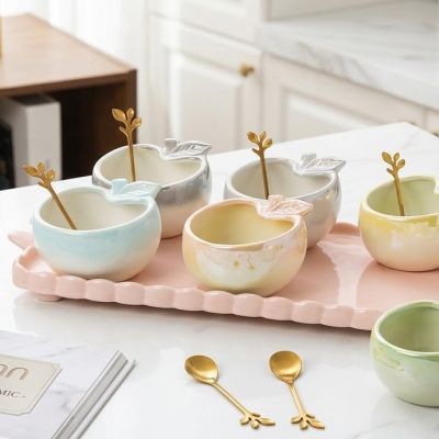 طقم 6قطع بوله ايسكريم بورسلين+الصينيه +6معالق ذهبيه6-piece porcelain ice cream bowl set + tray + 6 gold spoons 