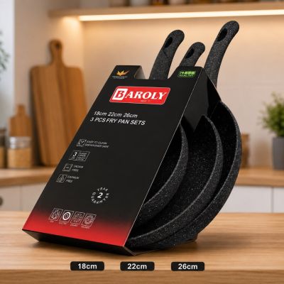طقم مقالي ألومنيوم غير لاصقة 3 قطع بمظهر الجرانيت الأسود من بارولي (BAROLY 3 Pcs Fry Pan Sets).  & : BAROLY 3-Piece Black Granite Non-Stick Frying Pan Set (18 cm, 22 cm, 26 cm).