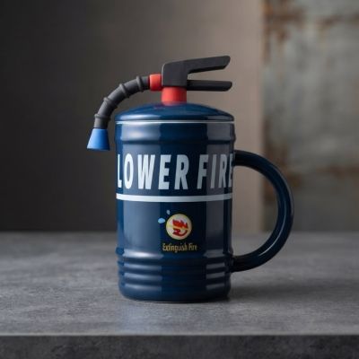 مج سيراميك مبتكر بغطاء بتصميم طفاية حريق (باللون الأزرق الملكي / الكحلي).  & : Royal Blue Fire Extinguisher Shaped Ceramic Mug with Lid & Hose Detail.