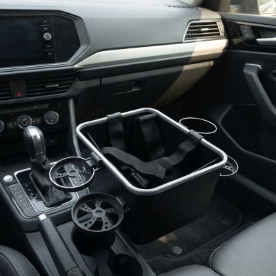 : منظم وحاوية تخزين للسيارة متعددة الوظائف مع حاملات أكواب مدمجة وأحزمة تثبيت.  & : Multi-Functional Car Storage Box / Organizer Bin with Built-in Cup Holders & Adjustable Straps.