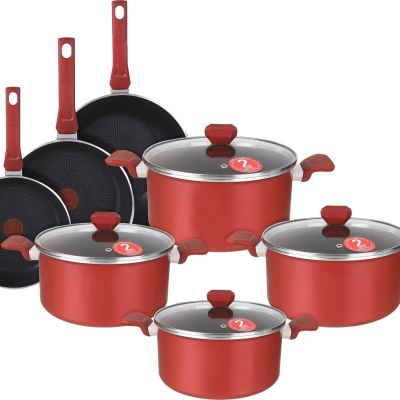 طقم حلل طهي تيفال إكسبرت مع غطاء زجاجي، 11 قطعة - أحمر