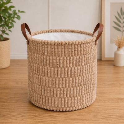 سلة تخزين قماشية دائرية باللون البيج بمقابض جلدية   &: Beige Round Fabric Storage Basket with Leather Handles