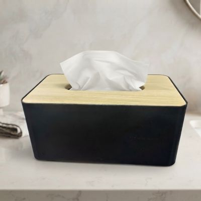 علبة مناديل بلاستيكية سوداء بغطاء خشبي أنيق  & : Black Plastic Tissue Box Cover with Wood-Grain Lid