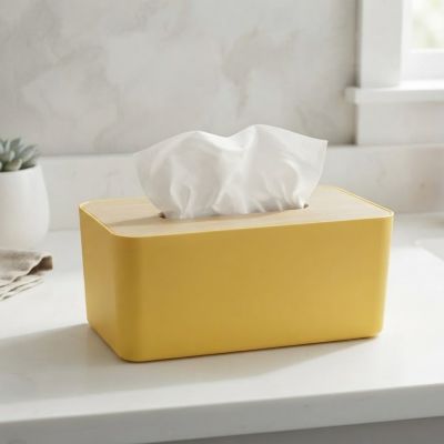 علبة مناديل بلاستيكية باللون الأصفر بغطاء خشبي أنيق  & : Yellow Plastic Tissue Box Cover with Wood-Grain Lid