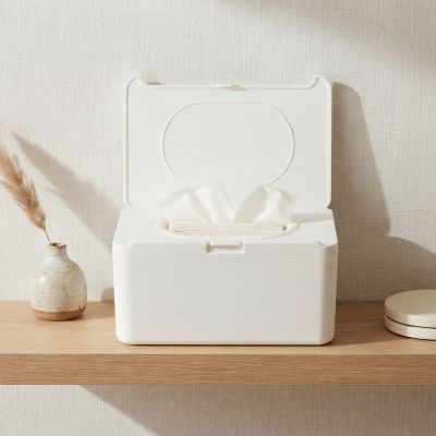 صندوق توزيع مناديل مبللة بلاستيكي أبيض بغطاء محكم  & : White Plastic Wet Wipe Dispenser Box with Sealed Lid