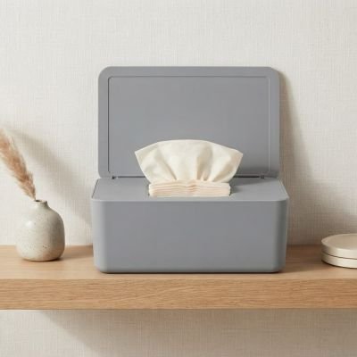 صندوق توزيع مناديل بلاستيكي رمادي بغطاء علوي عادي  & : Grey Plastic Tissue and Wipe Dispenser Box with Standard Lid