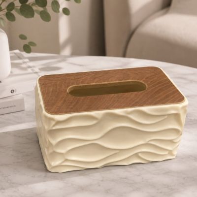 علبة/غطاء مناديل مستطيل باللون الكريمي بتصميم أمواج ثنائية الأبعاد وغطاء خشبي.  & : Off-White/Cream Rectangular Wavy Textured Tissue Box Cover with Wooden Top.
