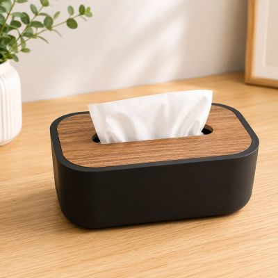 علبة مناديل مودرن باللون الأسود المطفي بغطاء من الخشب الداكن.  & : Modern Matte Black Tissue Box Holder with Dark Wood Lid.