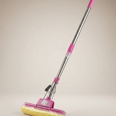 مساحة أرضيات إسفنجية مزودة بمقبض وعصا استانلس ستيل وآلية عصر يدوية (لون وردي).  & : Pink Sponge Roller Mop with Stainless Steel Handle & Self-Wringing Lever.