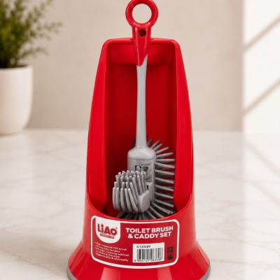 طقم فرشاة مرحاض سيليكون (TPR) مع حامل طويل باللون الأحمر من لياو (LIAO Toilet Brush & Caddy Set).  & : LIAO TPR Silicone Toilet Brush & Caddy Set (Red).