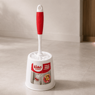 طقم فرشاة مرحاض مع حامل أبيض ومقبض أحمر وأبيض من لياو (LIAO Toilet Brush & Caddy Set).  & : LIAO Toilet Brush & Caddy Set (White Base with Red Ergonomic Handle).