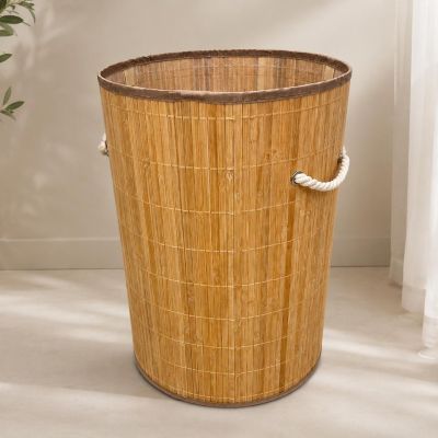 سلة غسيل دائرية من الخيزران (البامبو) مع مقابض حبلية.  & : Round Bamboo Laundry Hamper / Basket with Rope Handles.