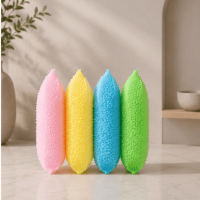 طقم إسفنج جلي وتنظيف شبكي ملون 4 قطع من لياو (LIAO Sponge Scouring Pad).  & : LIAO Mesh Covered Sponge Scouring Pad Set (4 Pcs).