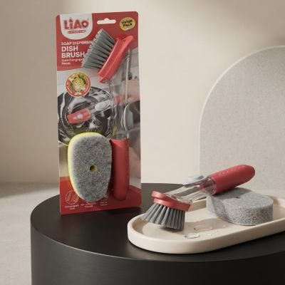 فرشاة جلي وتنظيف الصحون بموزع صابون مع رأس إسفنجي إضافي من لياو (LIAO Soap Dispensing Dish Brush Set).  & : LIAO Soap Dispensing Dish Brush Set with Sponge Head.