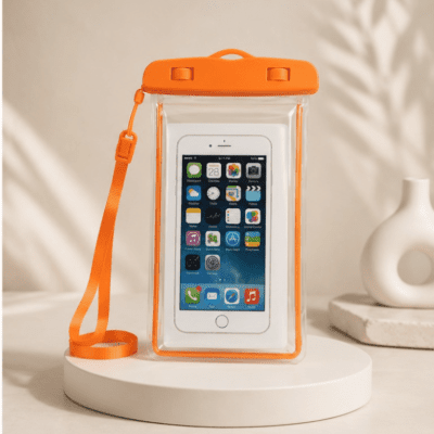 جراب / كفر هاتف شفاف مقاوم للماء باللون البرتقالي مع تعليقة رقبة.  & : Waterproof Universal Phone Pouch / Case with Neck Lanyard (Orange).