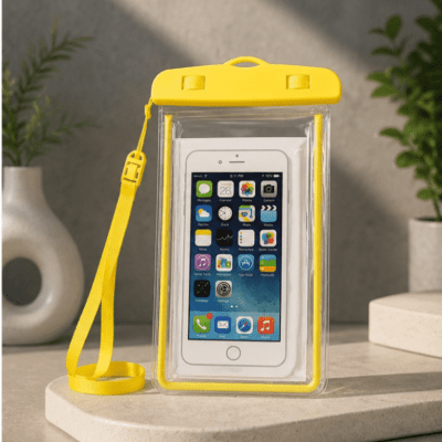 جراب / كفر هاتف شفاف مقاوم للماء باللون الأصفر مع تعليقة رقبة.  & : Waterproof Universal Phone Pouch / Case with Neck Lanyard (Yellow).