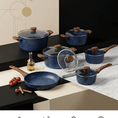 طقم حلل وأواني طهي جرانيت تركي إيديال هوم أوكتاجون - 14 قطعة (لون أزرق ملكي) Ideal Home Octagon Turkish Granite Cookware Set - 14 Pieces (Royal Blue)