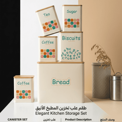 طقم منظمات مطبخ وصندوق خبز بامبو (5 قطع) - كريمي: 5-Piece Cream Kitchen Canister & Bread Box Set with Bamboo Lids