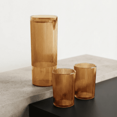 طقم شفشق مع كوبين بتصميم مضلع - لون عسلي بالانجليزية: Ribbed Pitcher with Two Cups Set - Honey Color