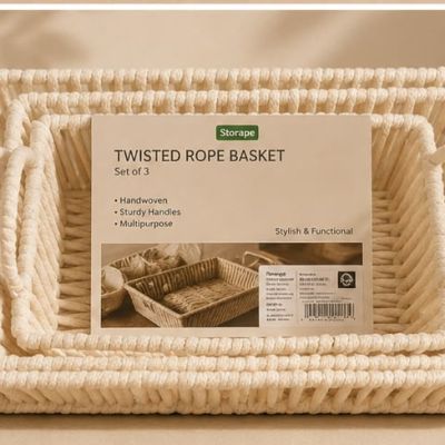 طقم سلال تخزين مستطيلة من الحبال المجدولة مع مقابض (3 قطع) - من ستوريب (Storape Twisted Rope Basket Set of 3).  & : Storape Handwoven Twisted Rope Baskets with Handles - Set of 3.
