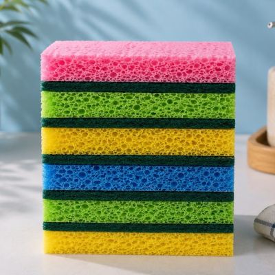 طقم إسفنج سليولوز للتنظيف مزدوج الوجه ملون من لياو (6 قطع) - (LIAO Cellulose Sponge Scouring Pad Multi Colors - 6 Pcs).  English: LIAO Multi-Color Cellulose Sponge Scouring Pad Set (6 Pieces).