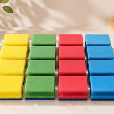 طقم إسفنج تنظيف المطبخ مزدوج الوجه مع حواف جانبية ملونة من لياو (16 قطعة) - (LIAO Sponge Scouring Pad Multi Colors - 16 Pcs).  & : LIAO Multi-Color Grooved Sponge Scouring Pad Set (16 Pieces).