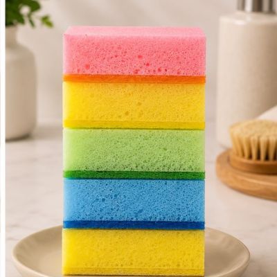طقم إسفنج تنظيف مزدوج الوجه متعدد الاستخدامات وملون من لياو (6 قطع) - (LIAO Multipurpose Sponge Scouring Pad - 6 Pcs).  & b: LIAO Multipurpose Multi-Color Sponge Scouring Pad Set (6 Pieces).