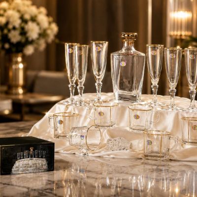 طقم شربات كريستال 8قطع مدهب8-piece crystal sherbet set, gold-plated 