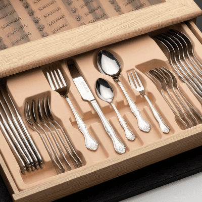 طقم أدوات مائدة فاخر 86 قطعة - ماركة سولي فلفيت (درج خشبي دورين)  Soli Velvet 86-Piece Premium Cutlery Set with 2-Tier Wooden Drawer