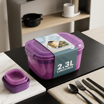 حافظة طعام لانش بوكس "فريسكو" سعة 2.3 لتر مقسمة - ماركة إم ديزاين (M-Design): M-Design "Fresco" 2.3L Divided Plastic Lunch Box
