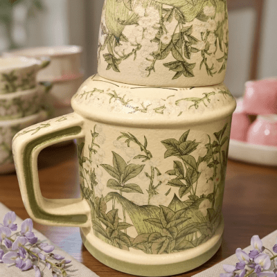 طقم مج وكوب سيراميك بتصميم نباتي&  Stackable Ceramic Mug and Cup Set with Botanical Design