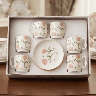 طقم فناجين وصحون بورسلين 6قطع اشكال6-piece porcelain cup and saucer set in various shapes 