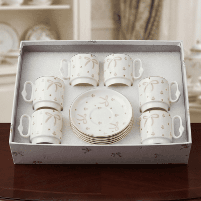 طقم فناجين وصحون بورسلين 6قطع اشكال6-piece porcelain cup and saucer set in various shapes 