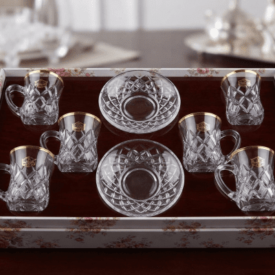 طقم مجات فينيسيا بالطبق مدهب 12قطعهVenice Mug Set with Gold-Trimmed Saucer, 12 Pieces 