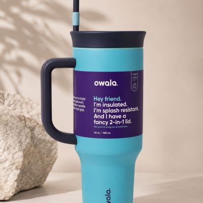 كوب حفظ حراري اوالا ثيرموس بمقبض وقشة - 40 أونصة / أزرق سماوي وكحلي (Owala Insulated Tumbler with Handle and Straw - 40 oz Turquoise Blue).  English: Owala Insulated Travel Tumbler with Handle & 2-in-1 Lid (40 oz - Turquoise / Navy Blue).