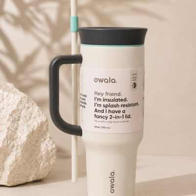 كوب حفظ حراري اوالا ثيرموس بمقبض وقشة - 40 أونصة / أبيض كريمي ورمادي (Owala Insulated Tumbler with Handle and Straw - 40 oz Off-White / Charcoal).  & : Owala Insulated Travel Tumbler with Handle & 2-in-1 Lid (40 oz - Off-White / Cream).