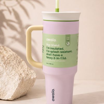 كوب حفظ حراري اوالا ثيرموس بمقبض وقشة - 40 أونصة  1185 مل/ لافندر وأصفر (Owala Insulated Tumbler with Handle and Straw - 40 oz Lavender Yellow).  & : Owala Insulated Travel Tumbler with Handle & 2-in-1 Lid (40 oz - Lavender / Pale Yellow).