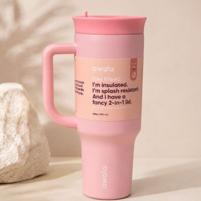 كوب حفظ حراري اوالا ثيرموس بمقبض وقشة - 40 أونصة 1185 مل / وردي (Owala Insulated Tumbler with Handle and Straw - 40 oz Pink).  & : Owala Insulated Travel Tumbler with Handle & 2-in-1 Lid (40 oz - Candy Pink / Rose).