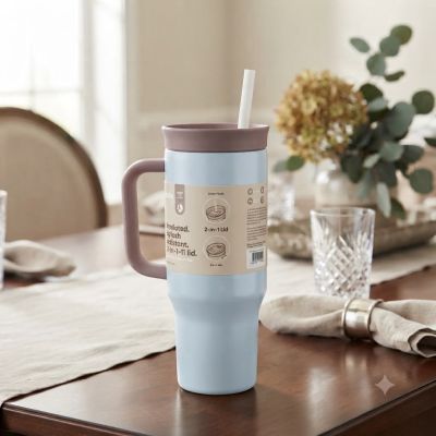 مج حراري (تراڤل مج) Owala بمقبض وغطاء 2 في 1 - أزرق فاتح.  & : Owala Insulated Travel Tumbler with Handle and 2-in-1 Lid - Light Blue.