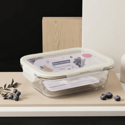 حافظة طعام زجاجية مستطيلة ومحكمة الإغلاق سعة 1040 مل 1040ml Airtight Rectangular Glass Food Storage Container