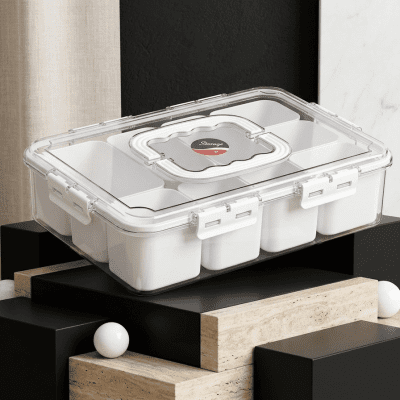 منظم ثلاجة أكريليك كبير مقسم مع مقبض علوي (8 خانات)8-Compartment Large Acrylic Fridge & Snack Organizer with Top Handl