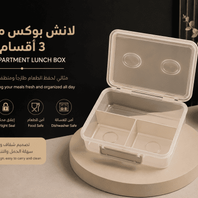 لانش بوكس بلاستيك مقسم &ndash; 3 أقسام مع غطاء محكم   Plastic 3-Compartment Lunch Box with Secure Lid