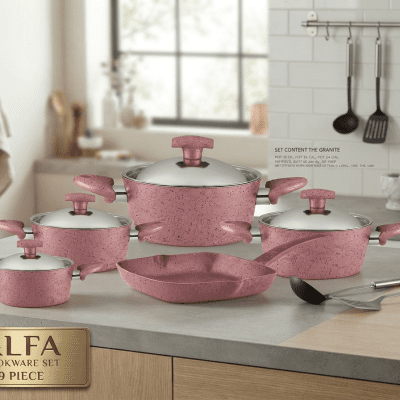طقم حلل الفا 9قطع جرانيت 28سم بالجريلةمن دريمDream Alpha 9-piece granite cookware set, 28cm, with grill 