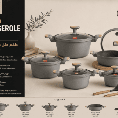 طقم أواني طهي جرانيت غير لاصق &ndash; 9 قطع    9-Piece Non-Stick Granite Cookware Set