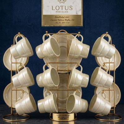  فناجين وصحون بورسلين 12قطعه باستاند فستون الوان لاستر12-piece porcelain cup and saucer set with a stand, Festoon colors 