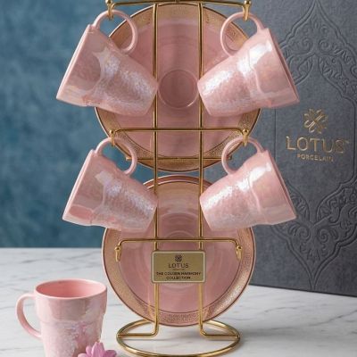  فناجين وصحون بورسلين 12قطعه باستاند فستون الوان لاستر 12-piece porcelain cup and saucer set with stand, various colors available. 