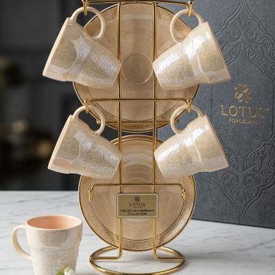  فناجين وصحون بورسلين 12قطعه باستاند فستون الوان لاستر  12-piece porcelain cup and saucer set with a stand, Festoon colors 